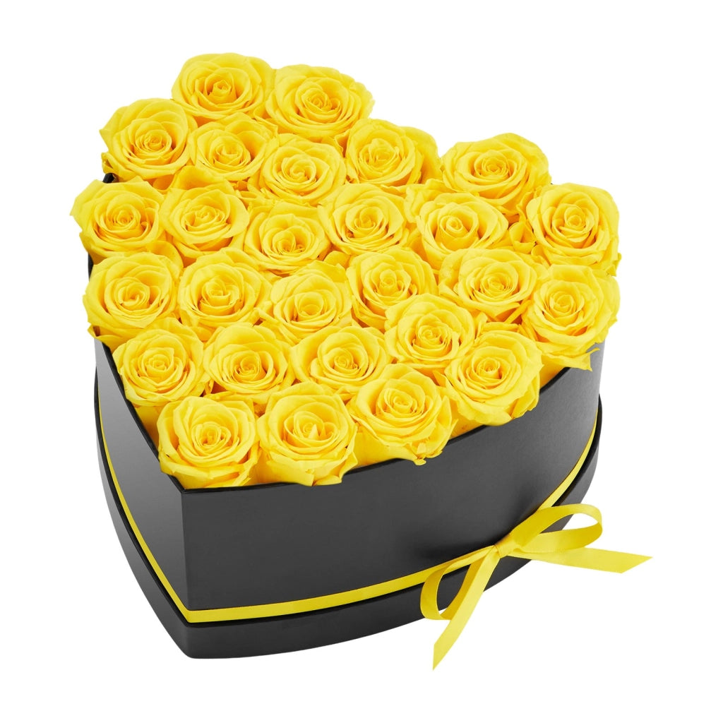 Bouquet di Fiori Eterni con 27 Rose Stabilizzate Heart-27S Scatola a Cuore Giallo per Decorazione Casa