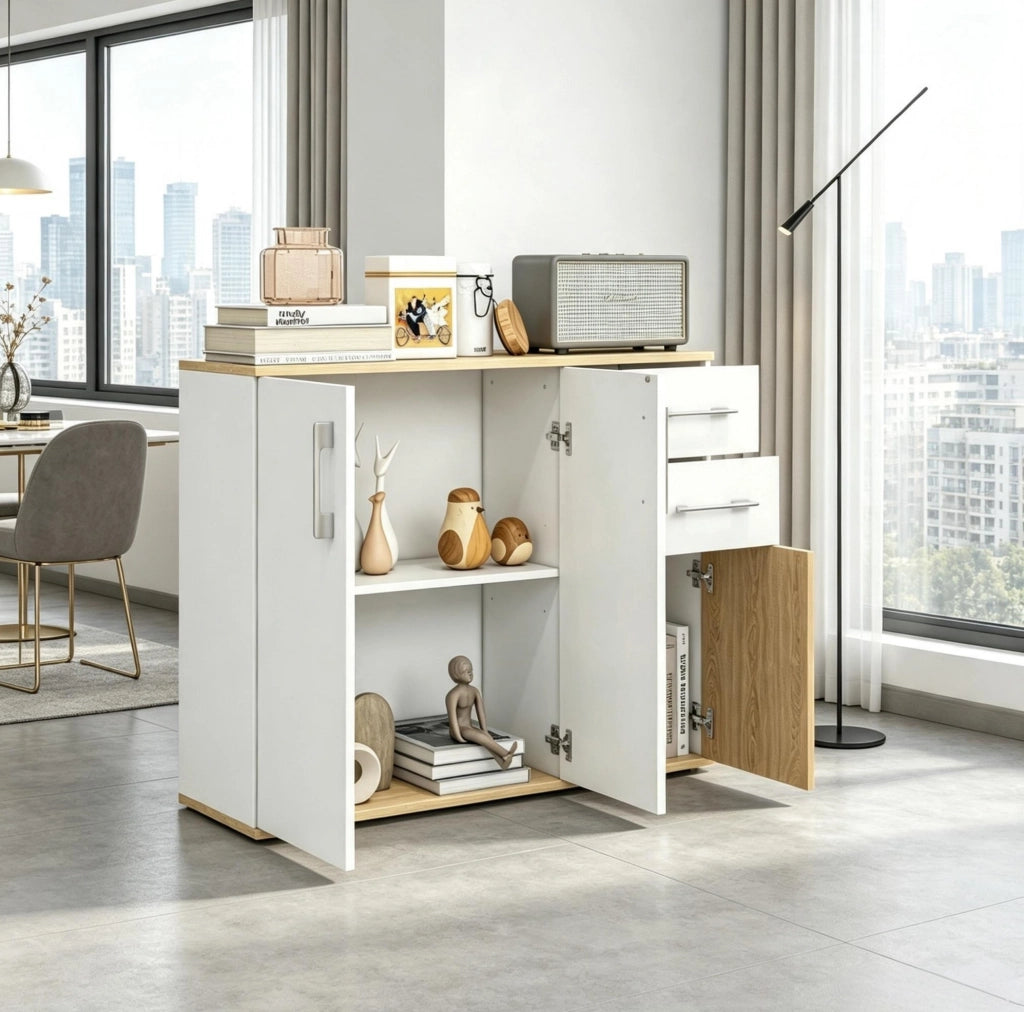 Credenza moderna bianca e naturale con 2 cassetti e vani contenitore