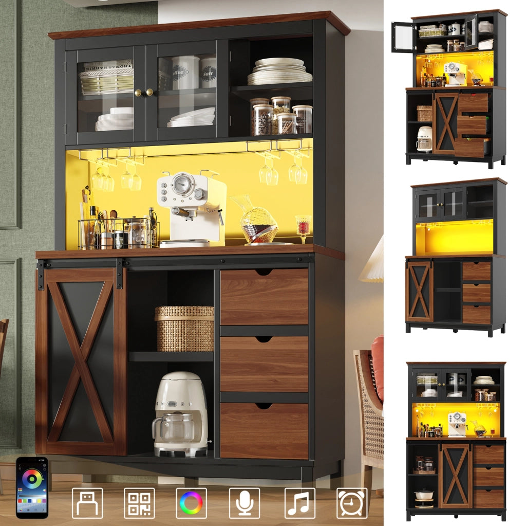 ARMADIO DISPENSA Alto 104x40x180 cm Nero Vetro e MDF con LED