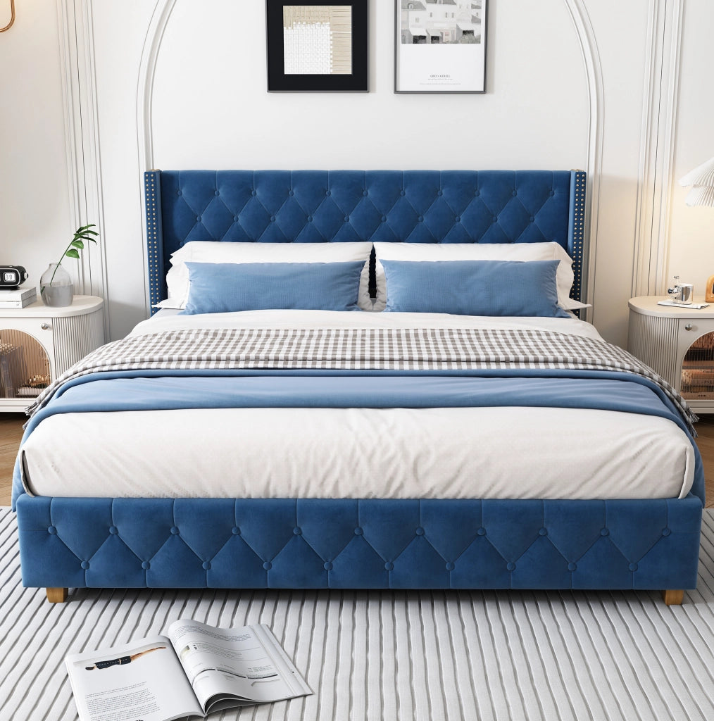 Letto imbottito 160x200 cm in velluto blu con testiera trapuntata e rete a doghe