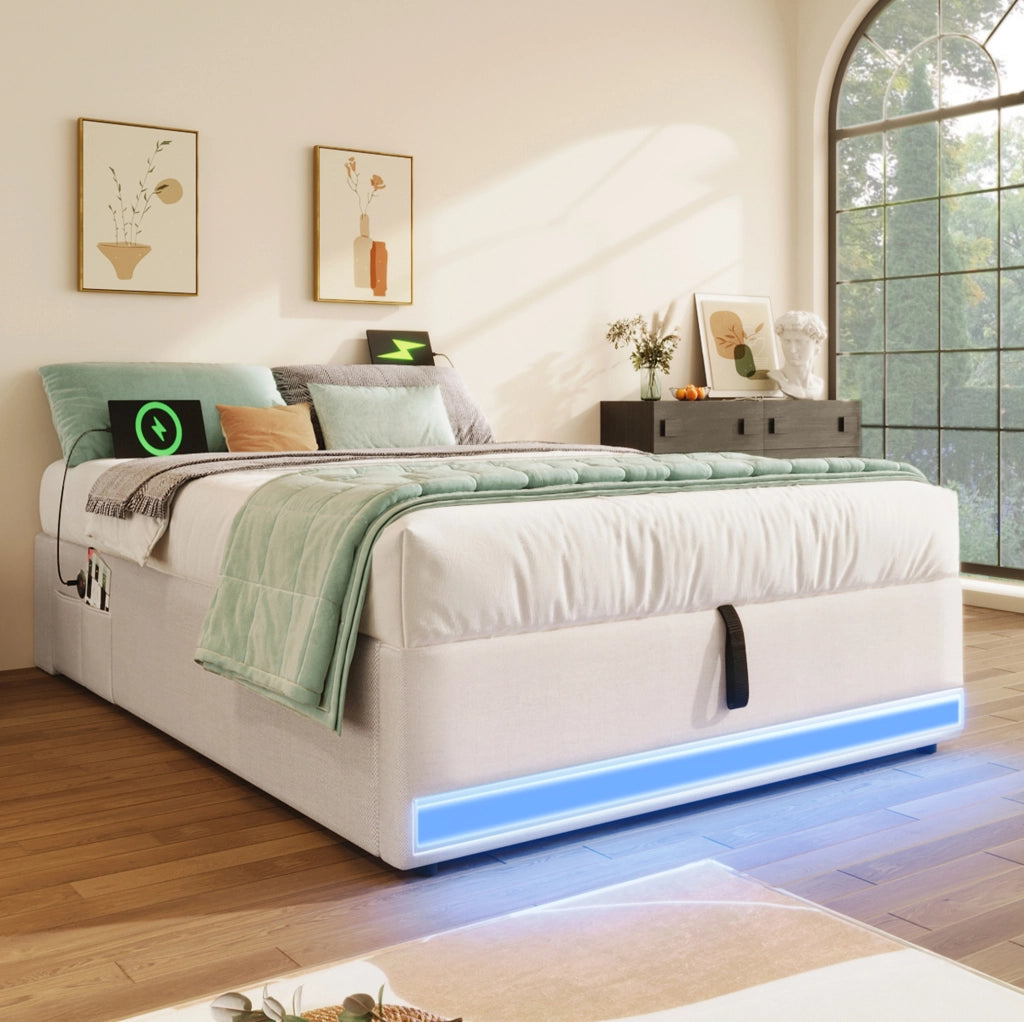 Letto imbottito 90x200 cm con LED, USB e funzioni contenitive