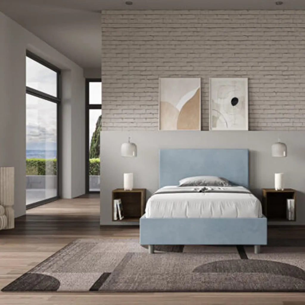 Letto una piazza e mezza senza rete imbottito 120x210 microfibra azzurro Adele