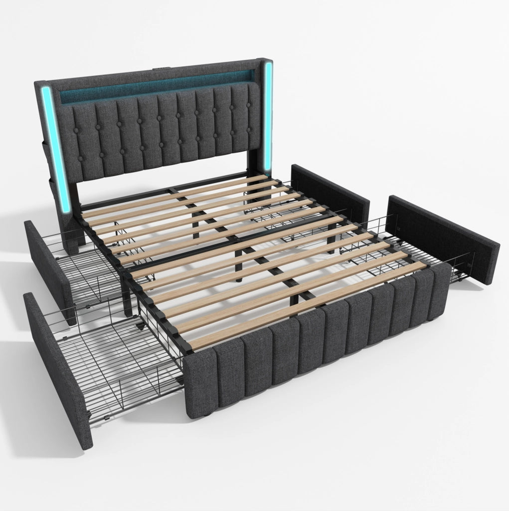 Letto imbottito grigio 160x200 cm con funzione di ricarica USB Type-C, illuminazione LED e 4 cassetti, struttura in legno con rete a doghe