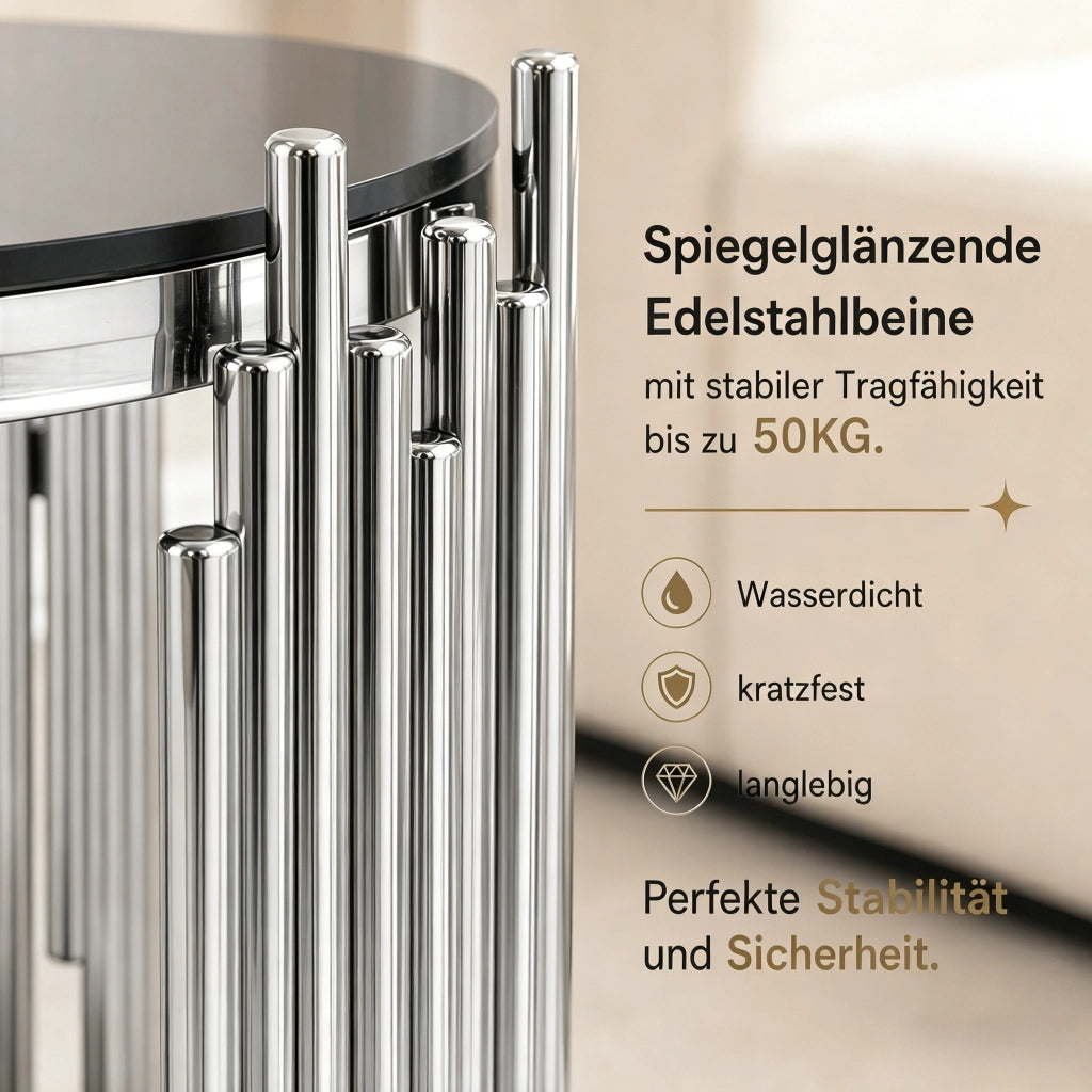 Tavolino basso fisso rotondo a due ripiani in vetro temperato nero con telaio in acciaio inox 56.5 × 51.0 × 27.0 cm