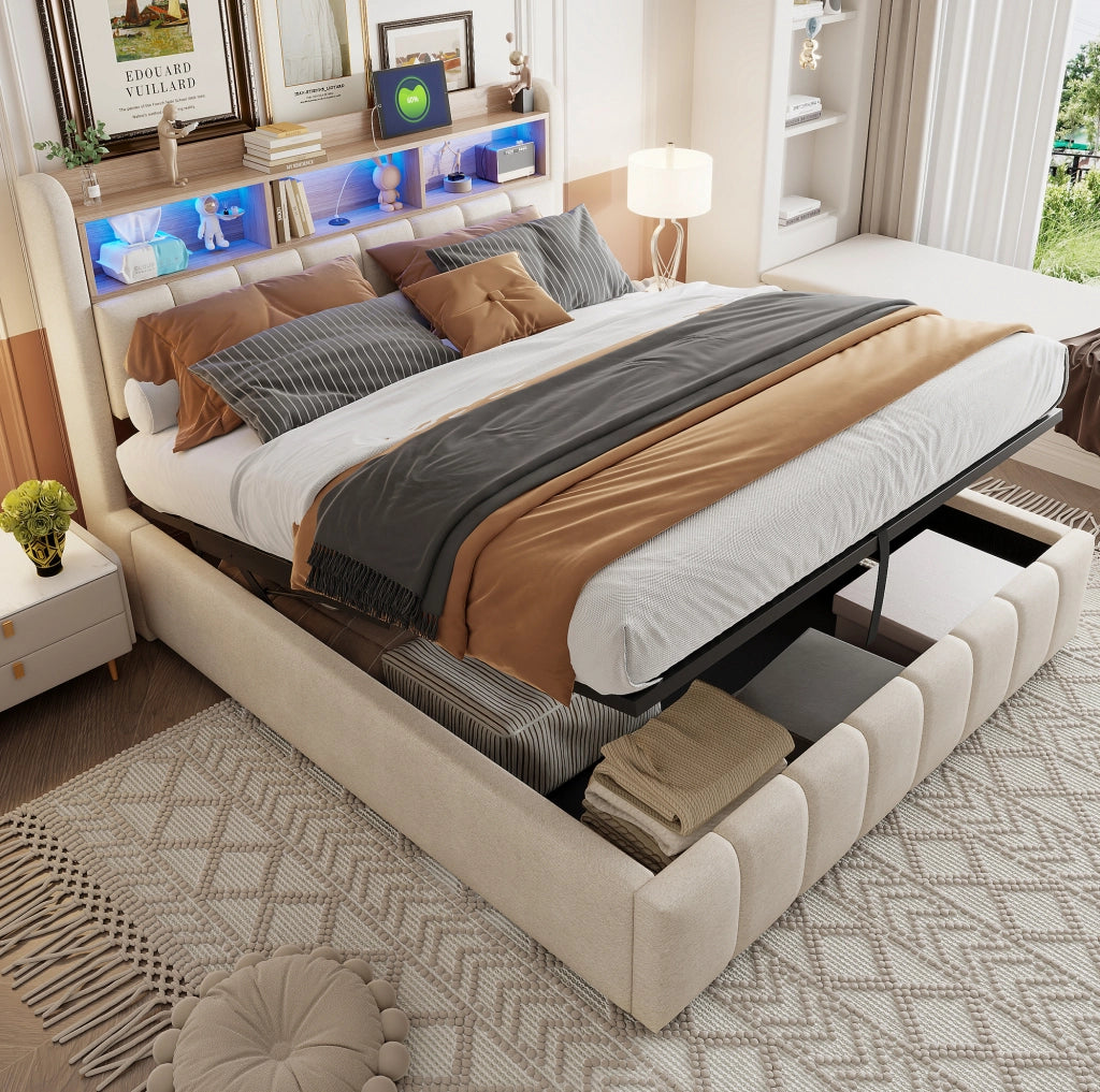 Letto imbottito 180x200 cm con LED; USB e Type-C; contenitore idraulico; beige in lino