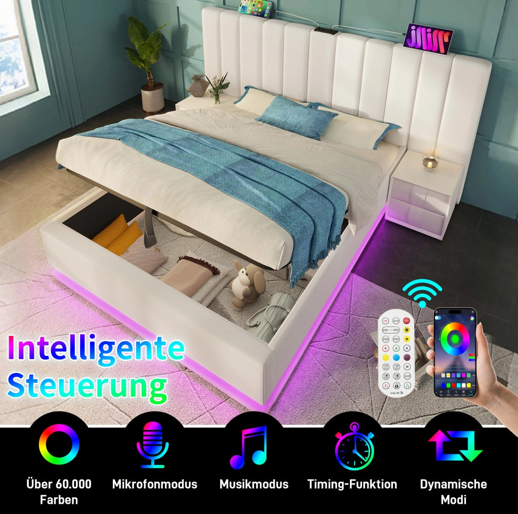 Letto contenitore 160 × 200 cm con LED; app; telecomando e 3 USB + Type-C; PU bianco