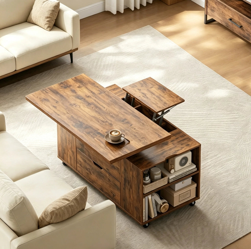 Tavolino elevabile con cassetto e ruote marrone rustico