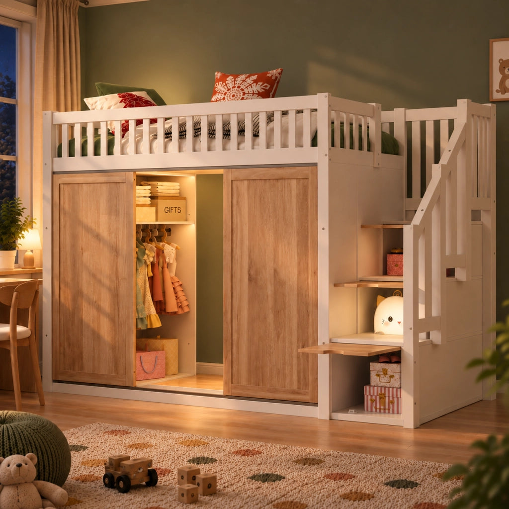 Letto a soppalco per bambini 90 x 200 cm, multifunzione con armadio e armadio scala, striscia LED colorata, senza materasso - Bianco e rovere
