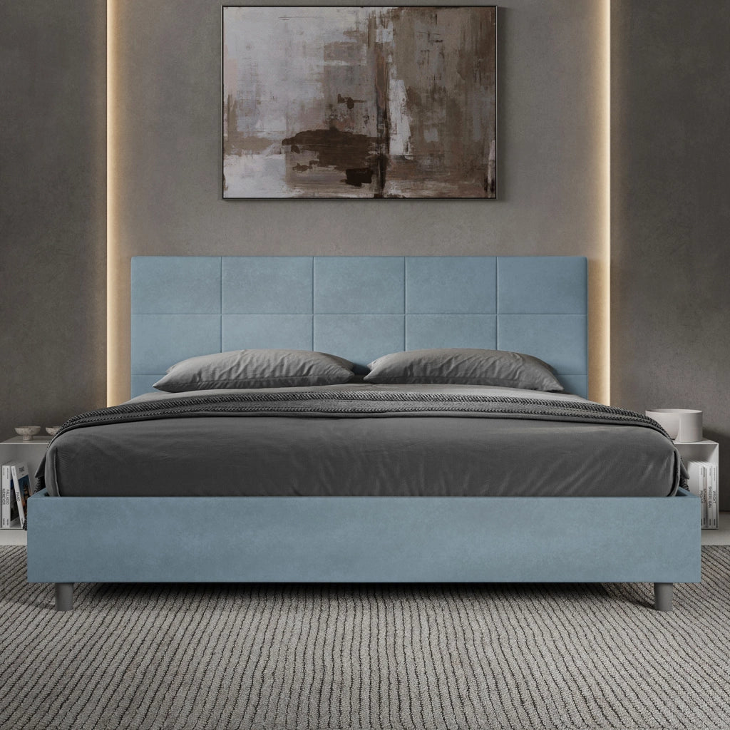 BS COM Letto matrimoniale king size con rete imbottito 190x210 microfibra azzurro