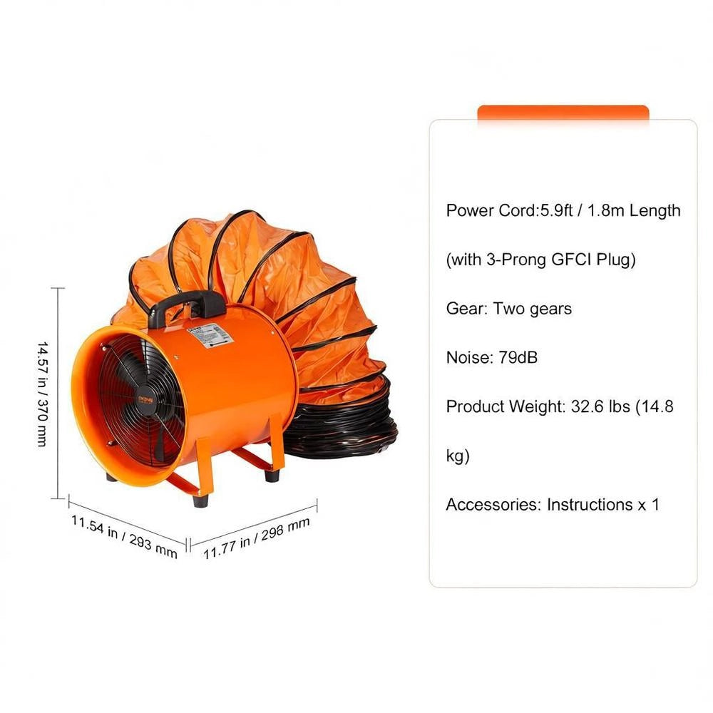 Construction Fan With 300W AC Motor, 2830 Rpm, 1720 CFM (2922 M³/h) Axial Fan With 10m Hose, 79 DB Noise Level, IP44 Industrial Fan