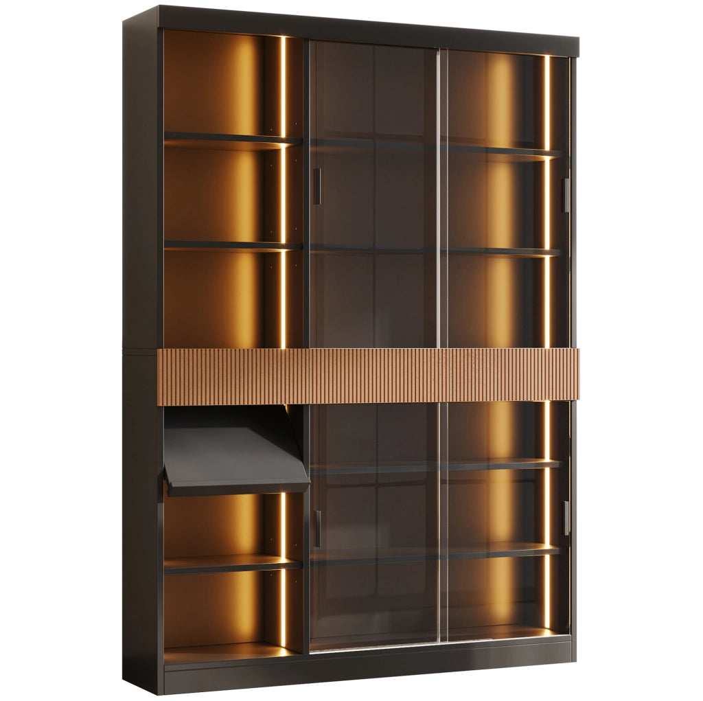 Vetrina 120 x 28,5 x 180 cm con ante scorrevoli in vetro temperato grigio, LED integrato, 3 cassetti e ripiano ribaltabile