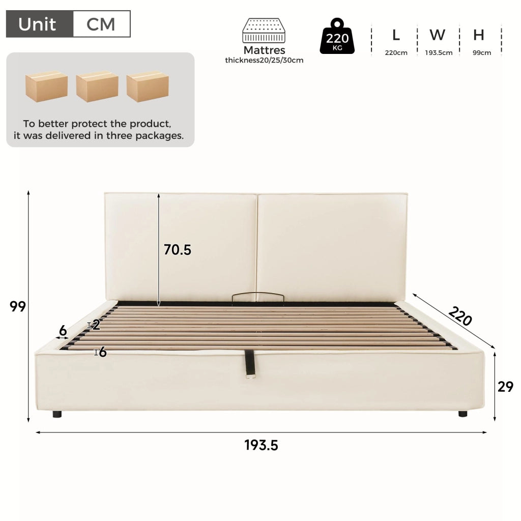 Letto matrimoniale contenitore 180 x 200 cm in lino beige, imbottito idraulico con rete a doghe, contenitore di contenitore spazioso