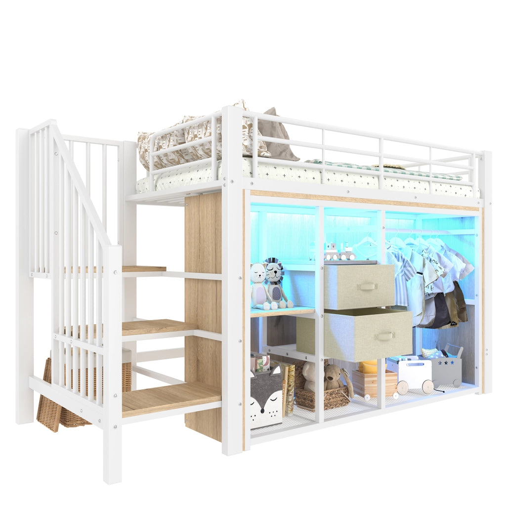 Letto a soppalco 90 × 200 cm con 2 cassetti LED multicolore metallo e MDF bianco