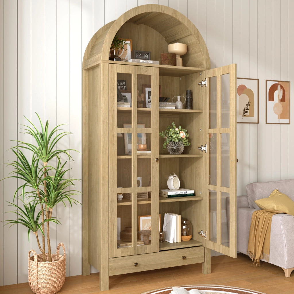Vetrina ad arco con ante in acrilico trasparente e cassetto in MDF naturale per soggiorno 75 × 35 × 170.5 cm