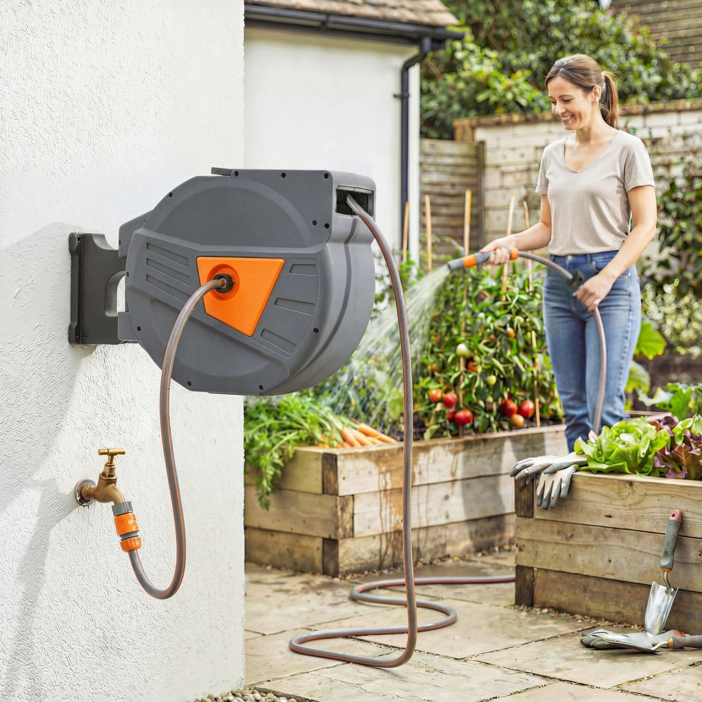 Enrouleur Tuyau Arrosage Mural 40+2 m x Ø 15mm, Dévidoir de Tuyaux d'Eau Rétractable Automatique Pivotant à 180°, Orange