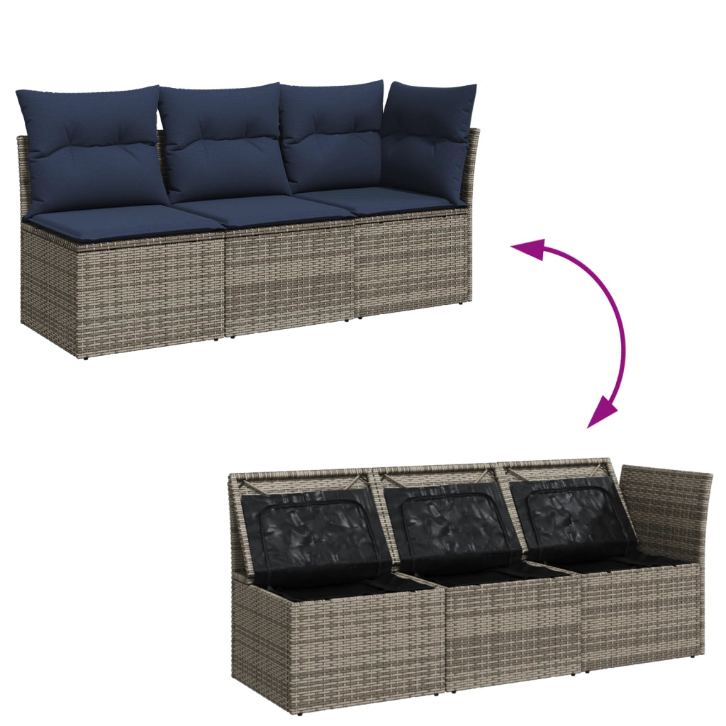 Divano da Giardino con Cuscini 3 Posti Grigio in Polyrattan 366165