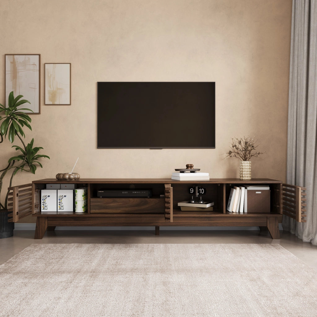Mobile TV da 170 cm con frontali scanalati e 3 ante, MDF, noce