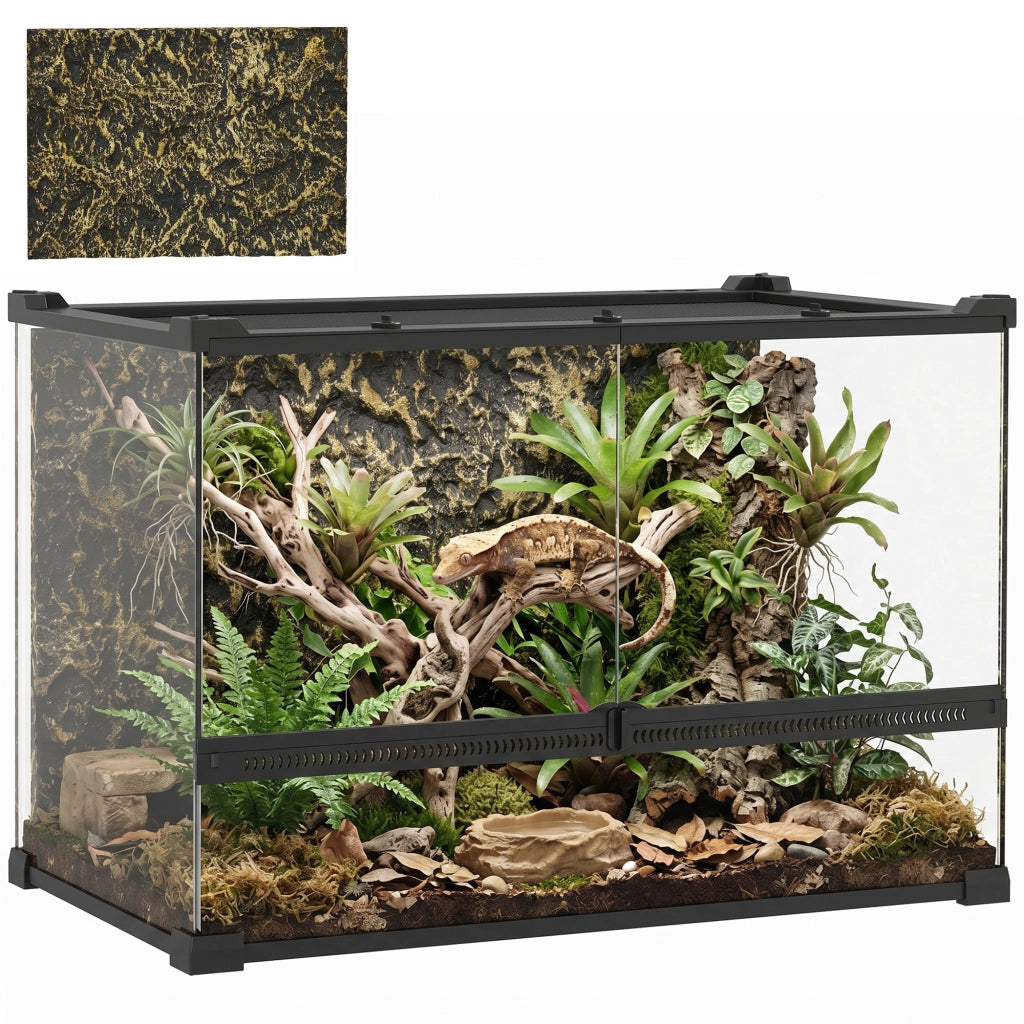 Terrario in Vetro per Rettili 48L con Sfondo Effetto Roccia e Ventilazione Frontale 50 x 30 x 35 cm Nero