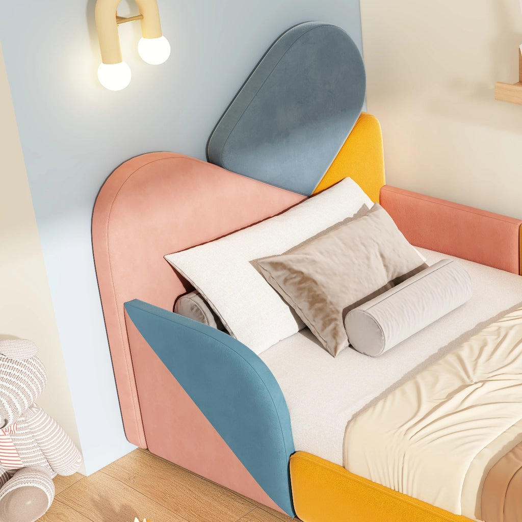 Letto per bambini 90 × 200 cm imbottito in velluto blu multicolore con sponde laterali alte