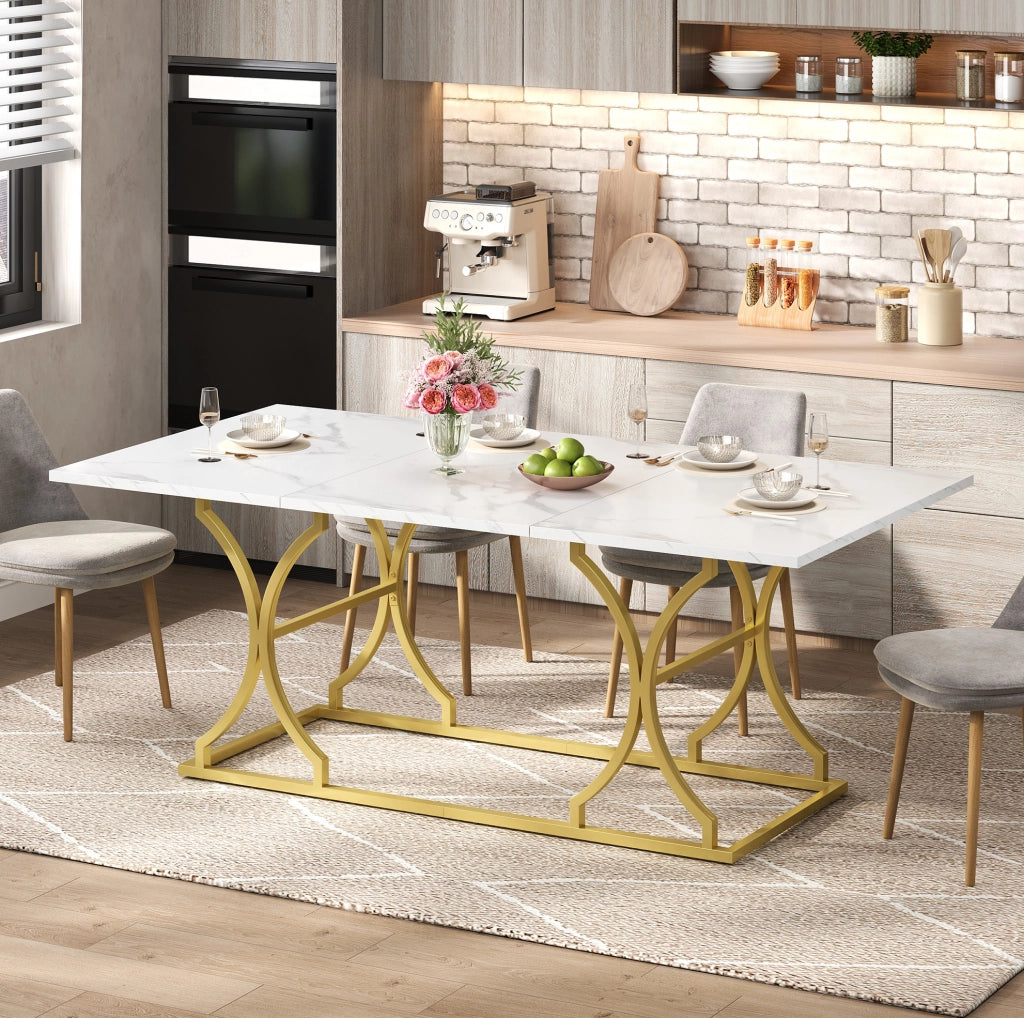 TAVOLO da pranzo 200x80x76 cm effetto marmo bianco e oro
