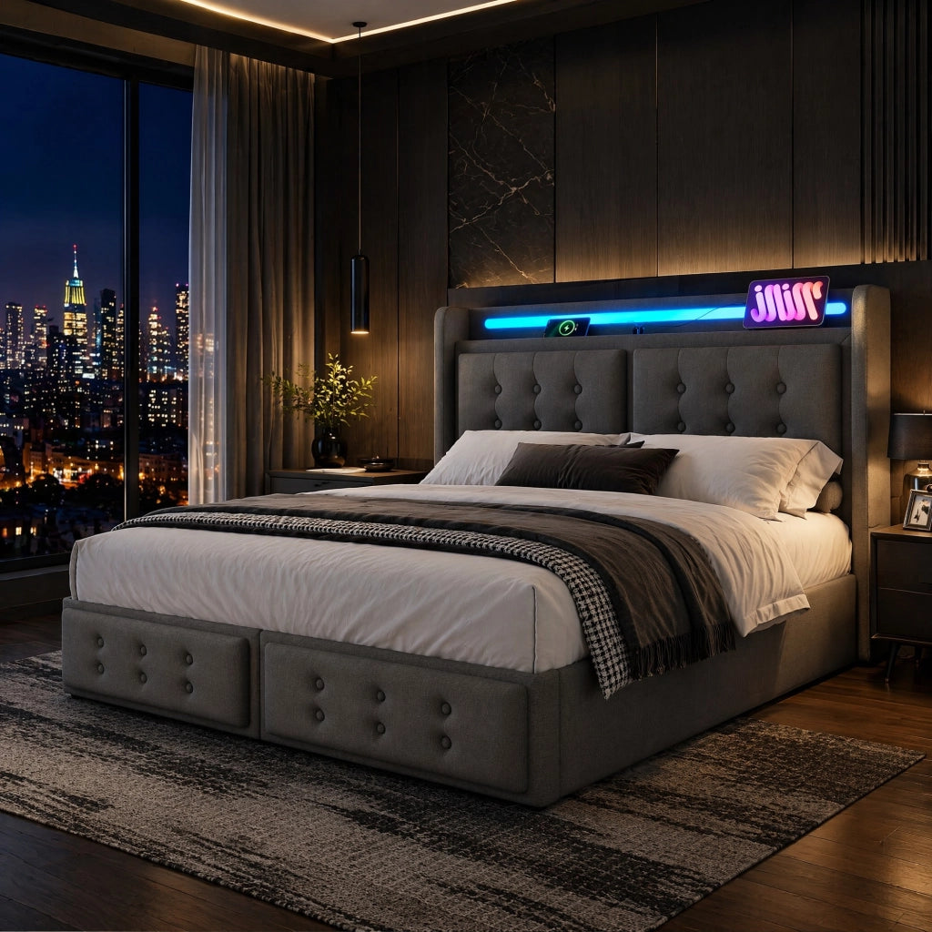 Letto contenitore 140 × 200 cm con LED; prese USB e Type-C; grigio