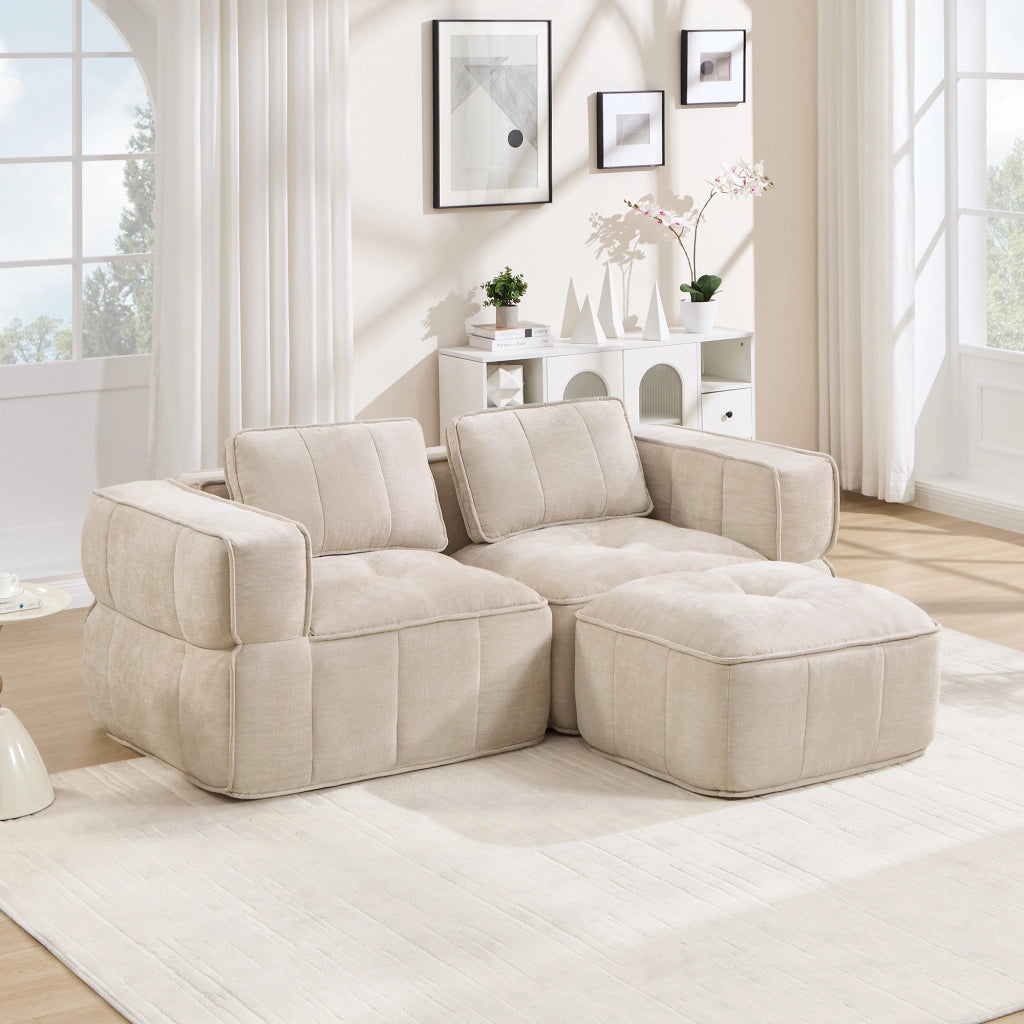 Divano modulare 2 posti con pouf seduta profonda senza struttura base antiscivolo in poliestere beige 198×162×67 cm