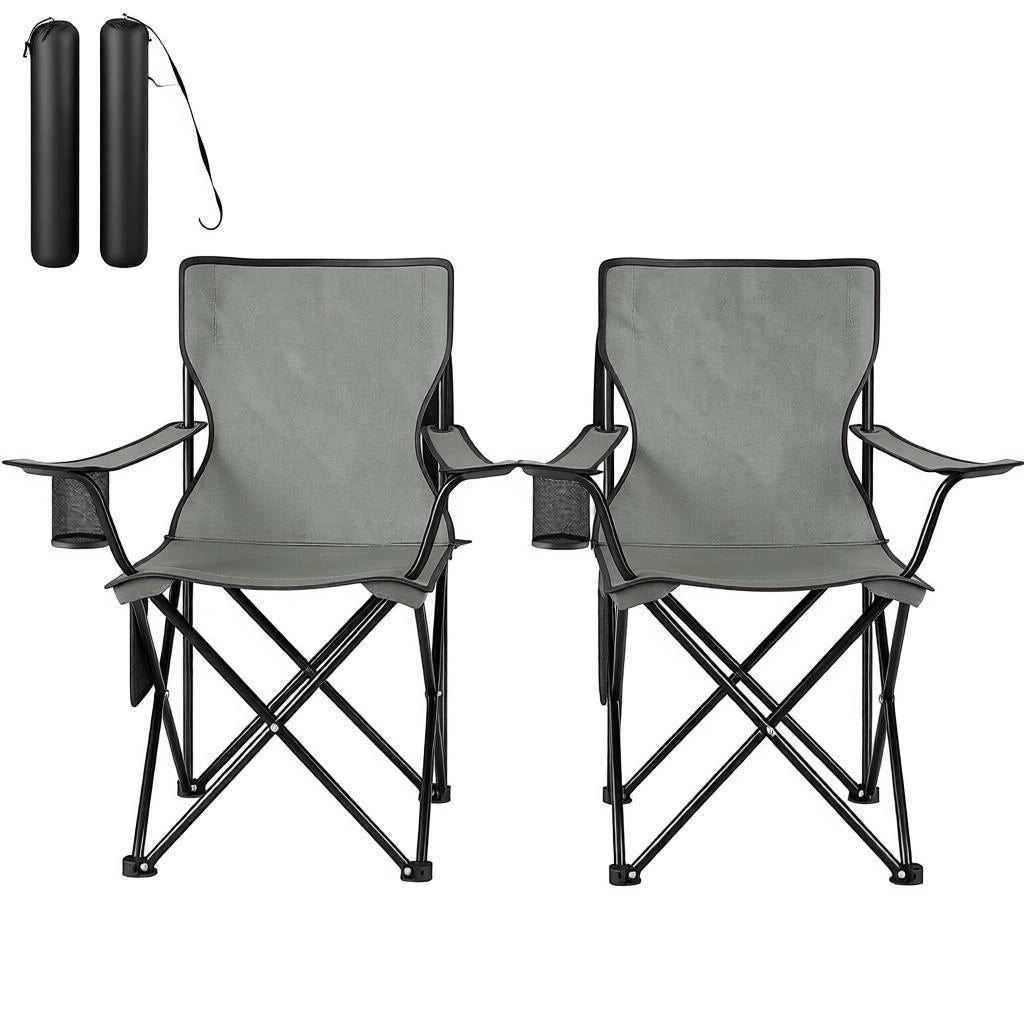 Set di sedie pieghevoli da campeggio a 2 posti in metallo, tessuto oxford e mesh, grigio scuro, con portabevande 47 × 76 × 80,5 cm