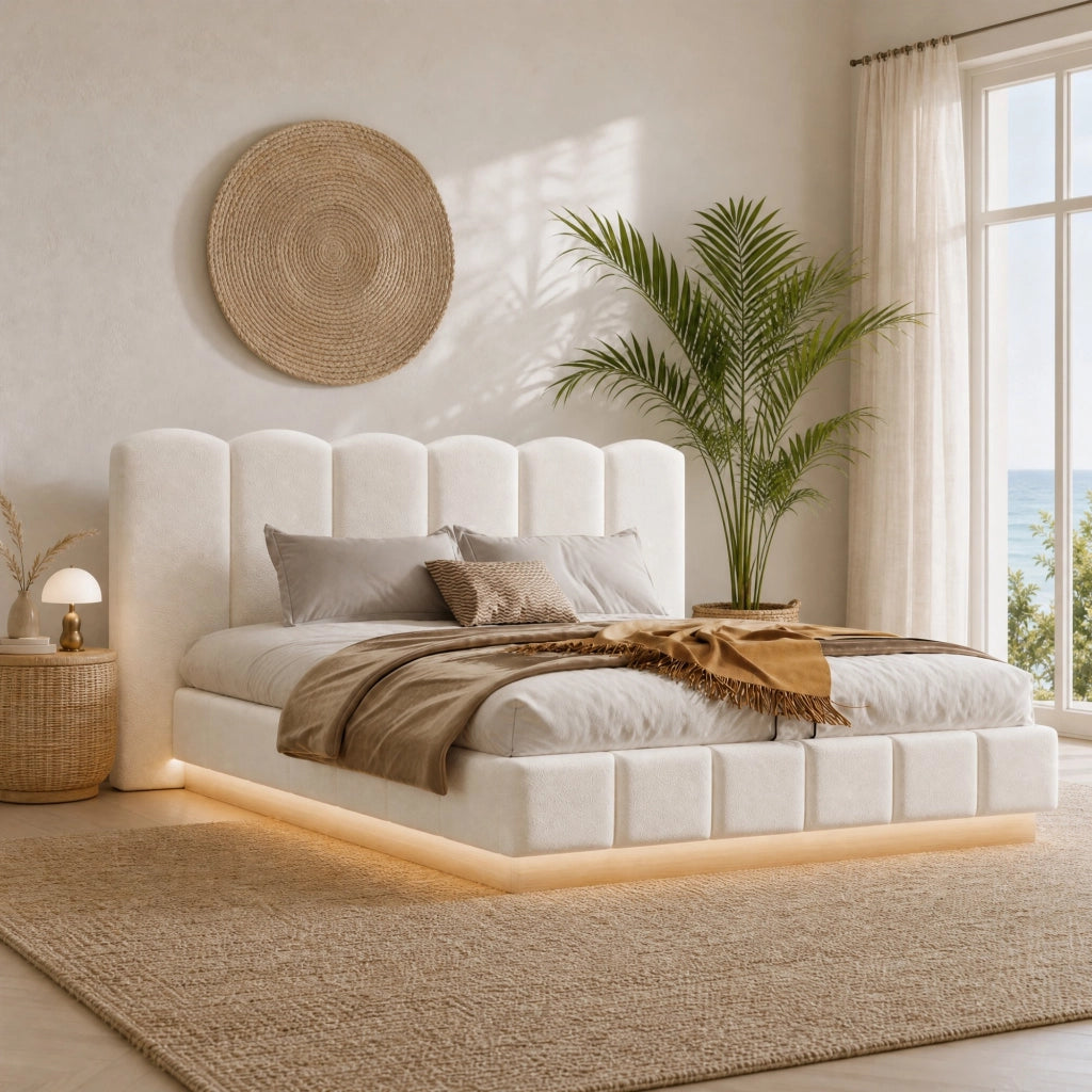 Letto matrimoniale imbottito 180x200 cm con contenitore idraulico LED in bouclé bianco