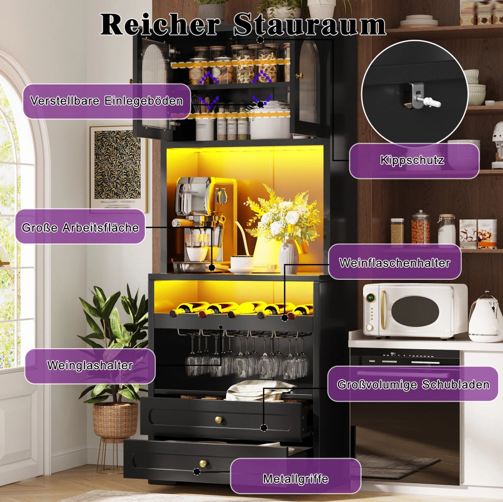 Mobile alto da cucina nero con LED smart, portabottiglie e USB