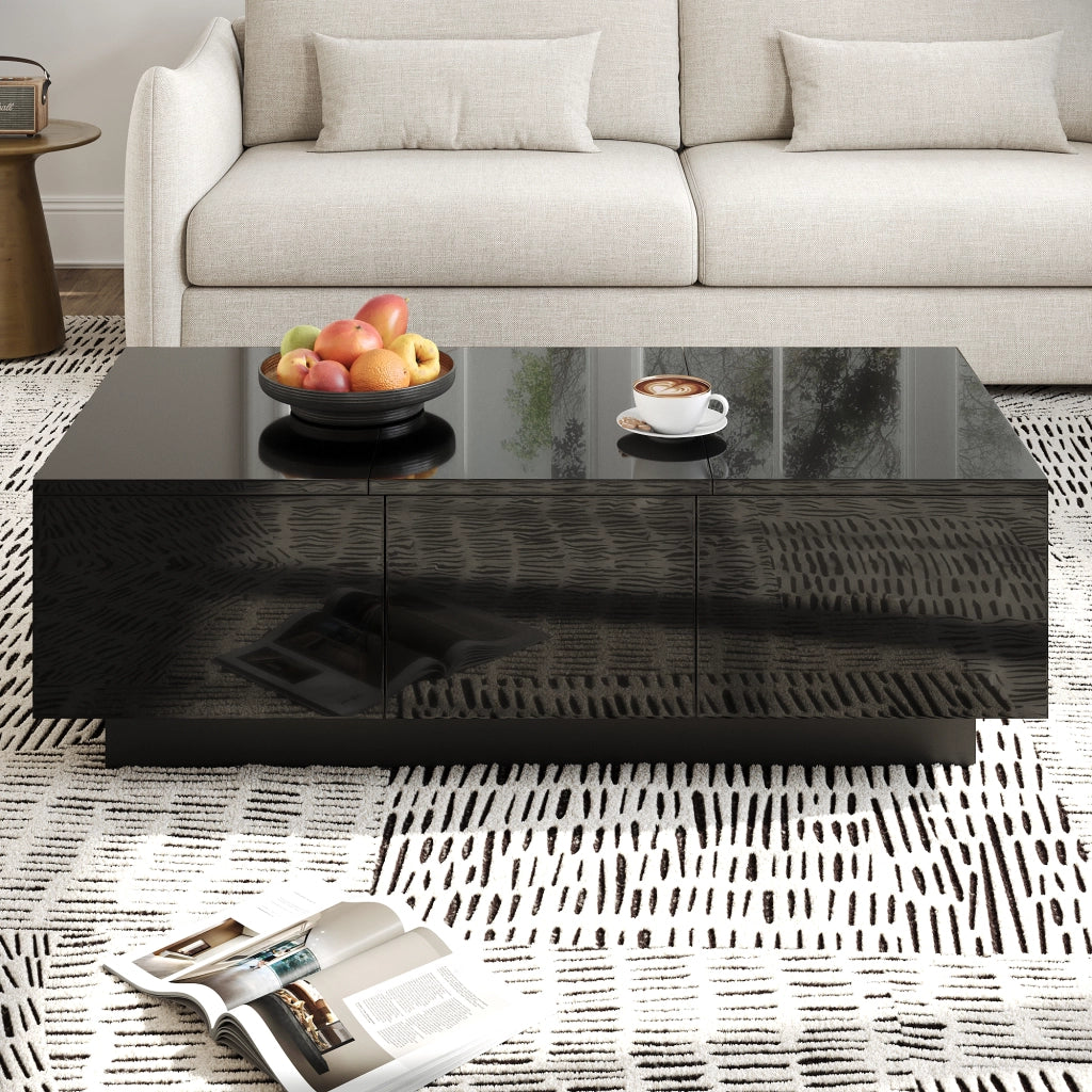 Tavolino da caff¨¨ moderno nero lucido con cassetti e scomparto scorrevole ¨C Tavolino rettangolare da soggiorno con ampio spazio contenitivo, design