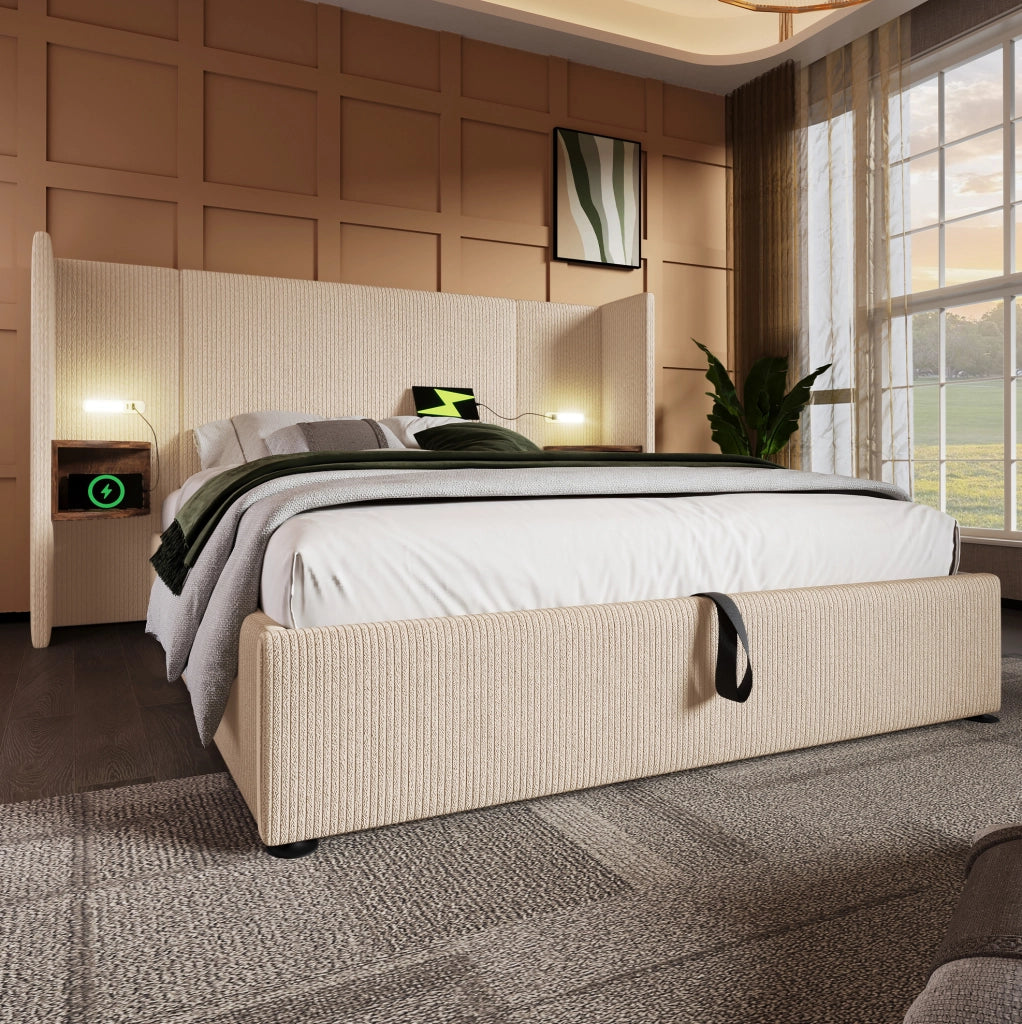 Letto contenitore 160x200 cm beige-bianco con LED lettura, USB e Type-C