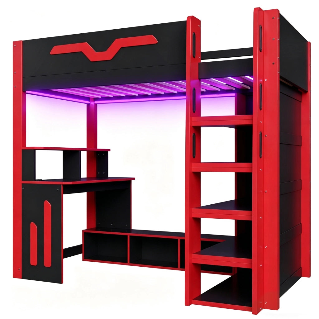 Letto a soppalco 90x200 cm con scrivania; LED e scala contenitore; legno nero e rosso