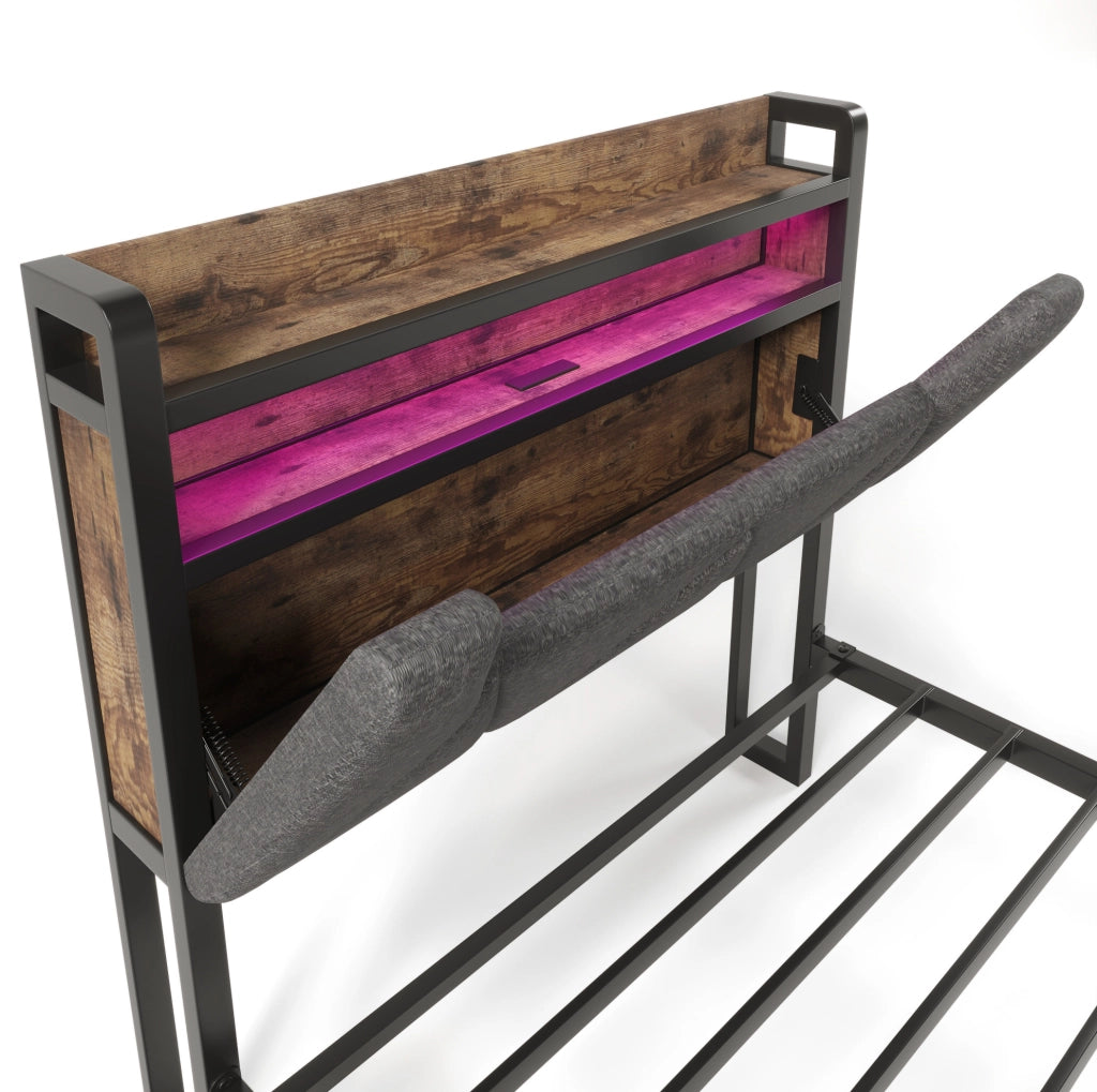 Letto singolo 90x200 cm con LED, USB e USB-C, testiera contenitore e cassetto grigio