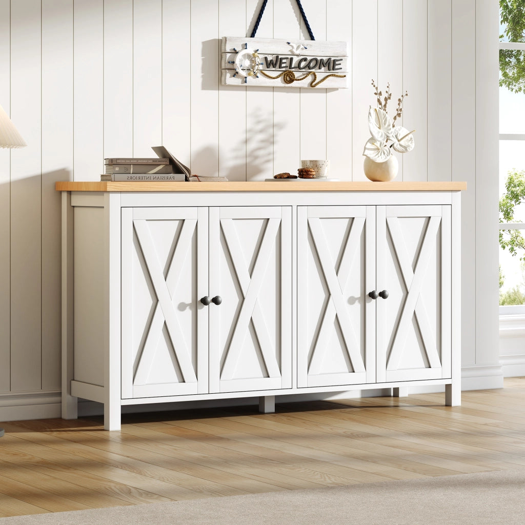 Credenza 140x40x78 cm con 4 ante e ripiani regolabili in MDF bianca