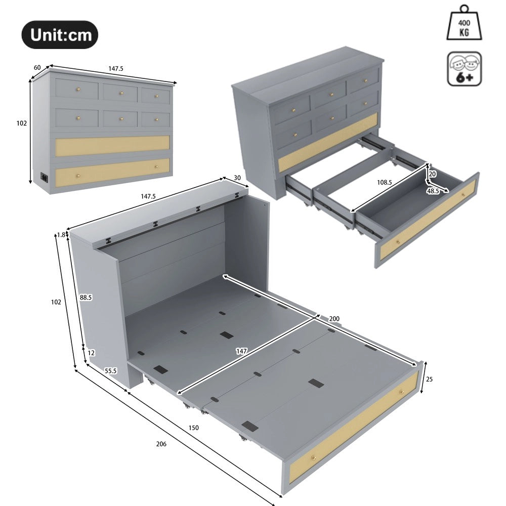Letto a Scomparsa con Cassetti, Ripiano, USB ¨C MINIMAL ¨C Grigio 140x200