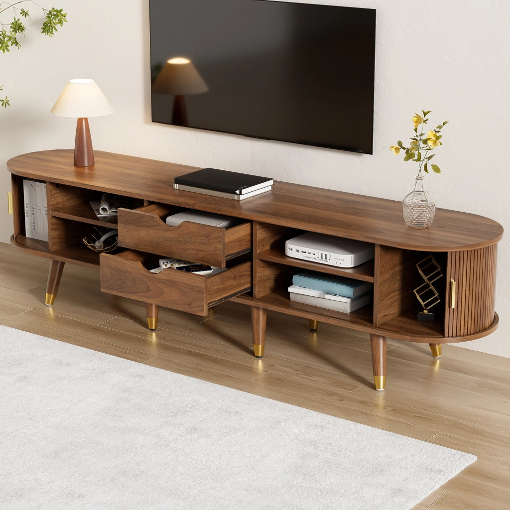 Mobile TV con 1 Porta Scorrevole in Rattan; Vani Aperti e Cassetti; per Soggiorno; in MDF; 175 × 38 × 45 cm; Noce