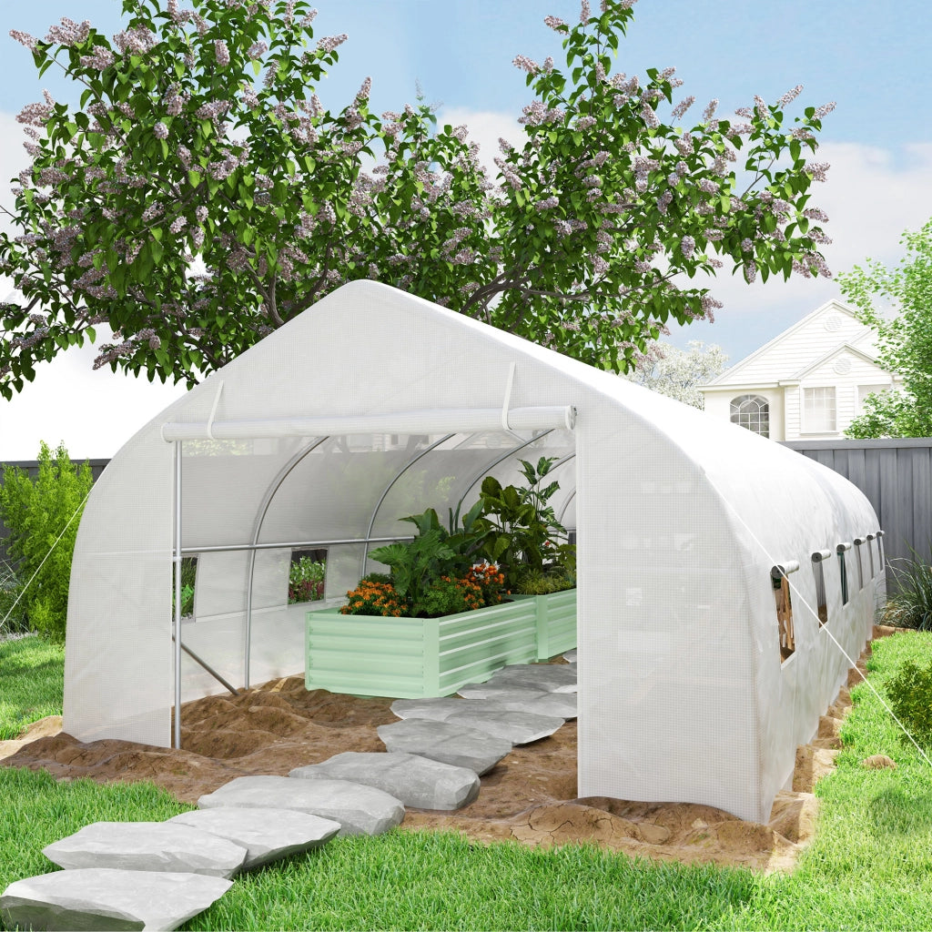 Serre de jardin tunnel grande taille avec bâche PE cadre en acier porte enroulable et 12 fenêtres 8 x 3 x 2 m blanc