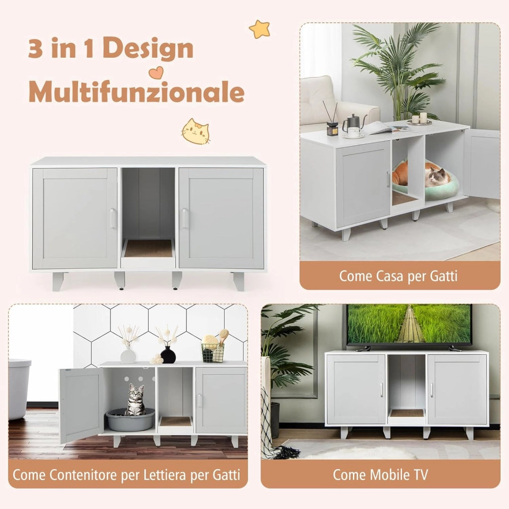 Mobile per Lettiera per Gatti 120 x 52 x 65 cm, Casetta per Gatti con 2 Ante, Fori, Tiragraffi e Gambe Staccabili, Mobile Versatile e Moderno per Salotto (Bianco e grigio)