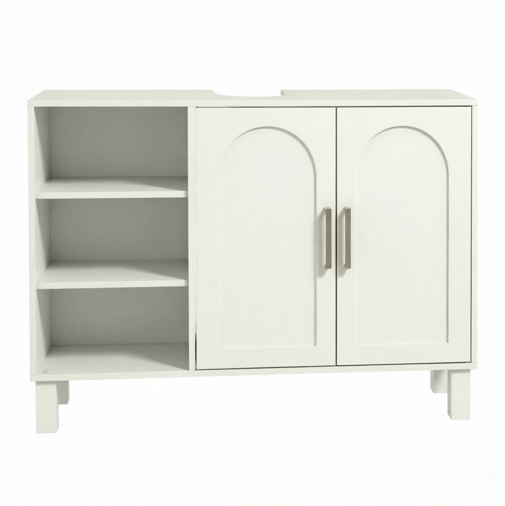 Mobile bagno crema con ante doppie e ripiani regolabili, 90x30x63 cm, per lavabo a parete con taglio a U 15x20 cm