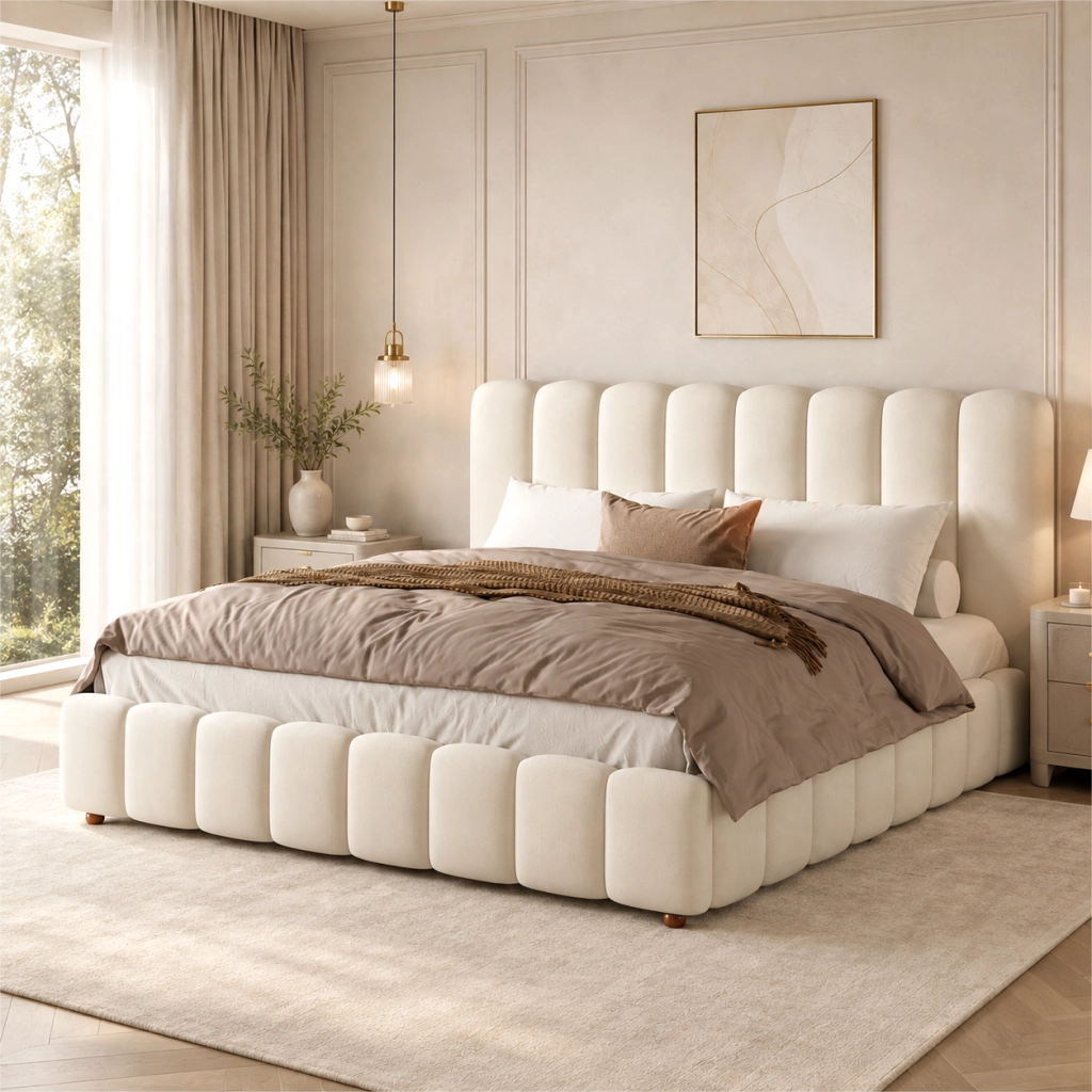 Letto matrimoniale contenitore 180 x 200 cm, letto imbottito idraulico in velluto con rete a doghe, contenitore, testiera beige a righe verticali