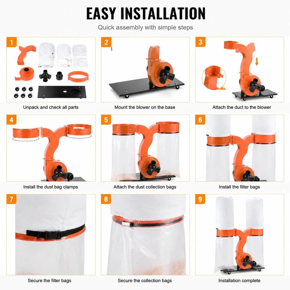 Extraction System, 2634.47 M³/h 2.5 Micron Chip Extraction System, 3.0 HP Sawdust Collection System With Two 132.5 L Dust Collection Bags And Two 159 L Filter Bags, 2800 Rpm, Non-woven Fabric