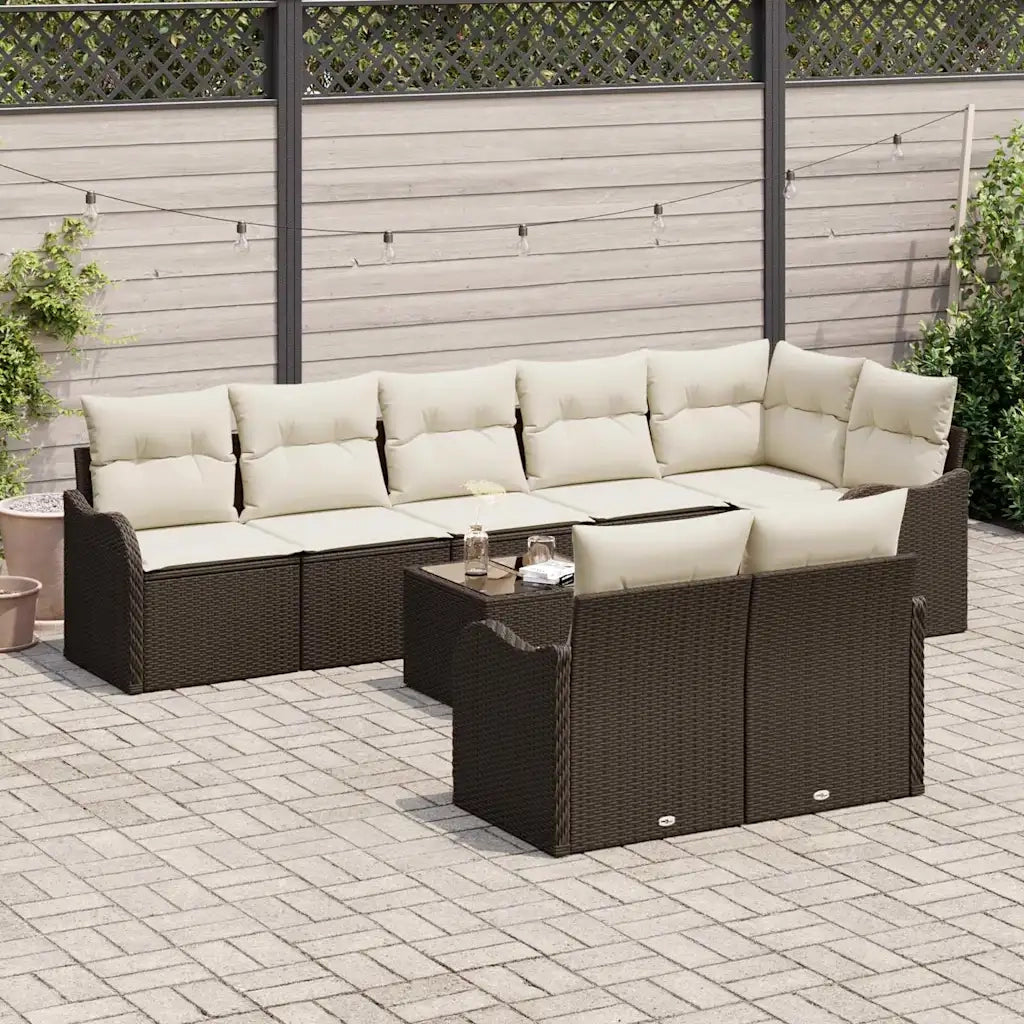Set Divano da Giardino 9 pcs Marrone e bianco Poly Rattan