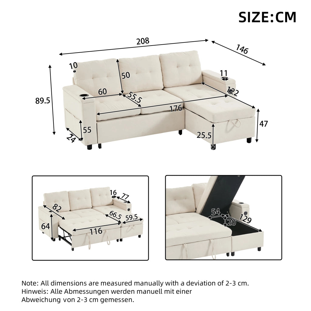 Divano Letto con Contenitore, LED, USB-C, Portabicchieri e Tasche, in Tessuto, Beige