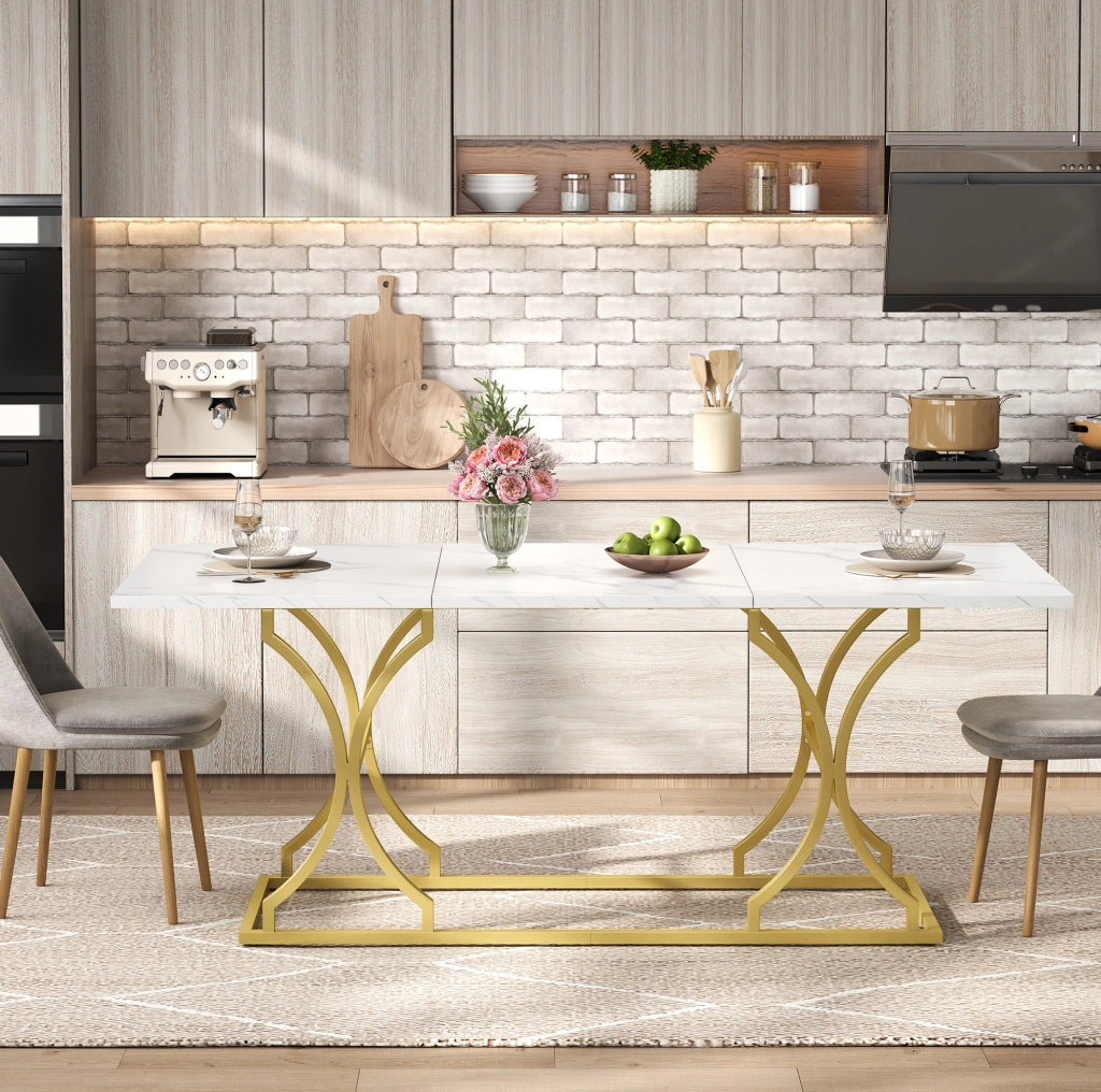 TAVOLO da pranzo 200x80x76 cm effetto marmo bianco e oro