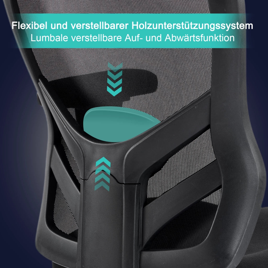 Sedia da ufficio nera ergonomica con supporto lombare regolabile e braccioli 2D
