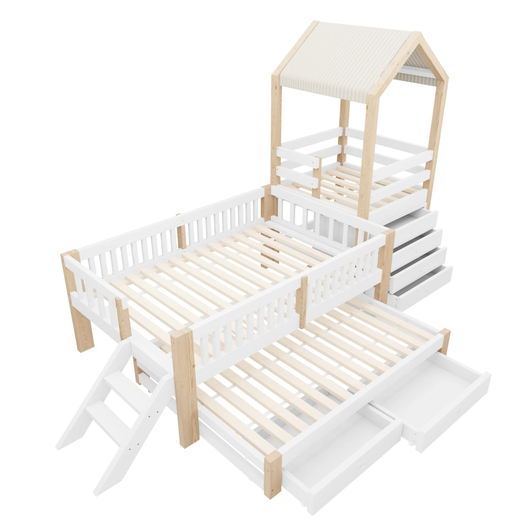 Casetta a castello bambini in legno massello 90 x 200 cm con letto estraibile 90 x 190, scala a 4 cassetti e tetto in tessuto, bianco e legno naturale
