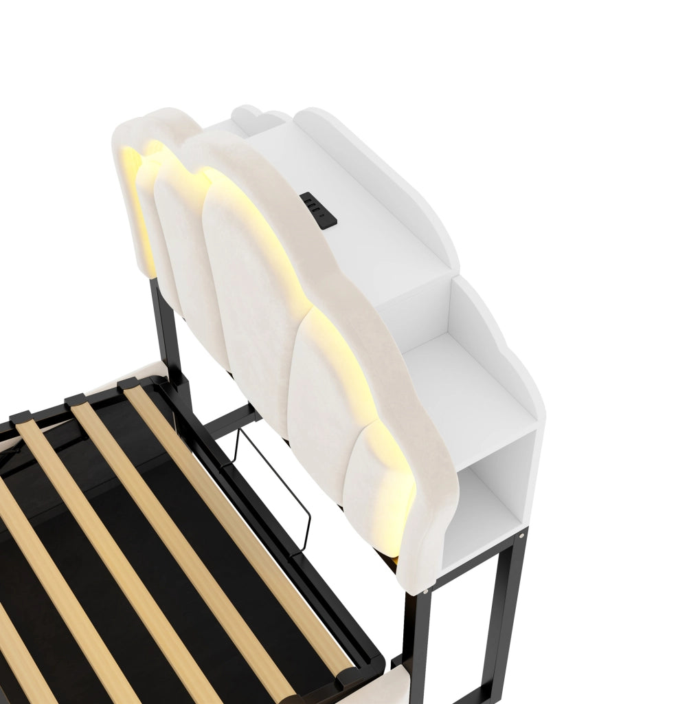 Letto imbottito 90x200 cm in velluto beige con contenitore idraulico, LED e prese integrate