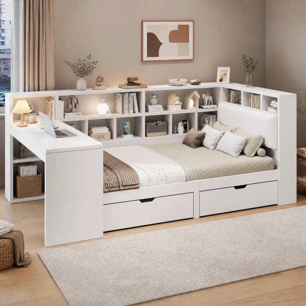 Letto a piattaforma a L 140x200 cm con scrivania e LED