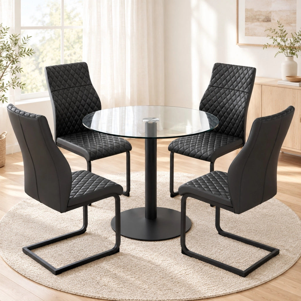 Set tavolo da pranzo rotondo Ø85 cm in vetro con 4 sedie in PU nere HOMVRA