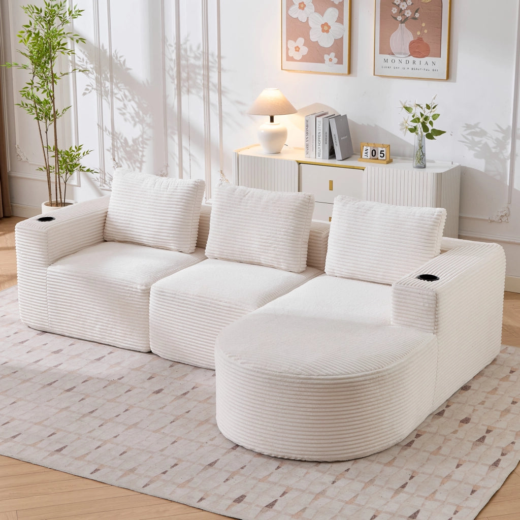 Divano 2 posti beige in velluto a coste 265 cm con portabicchieri e cuscini
